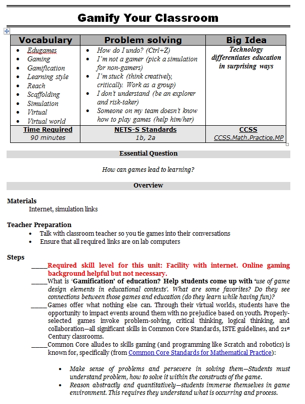 Gamify Lesson Plan Structured Learning